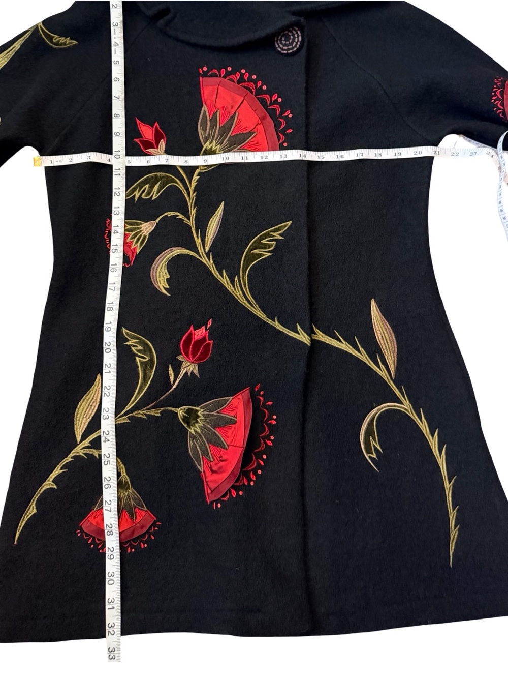 Gorgeous Statement Floral Embroidered Covelo Art Wear Black Wool Coat 🌹 Sz L - Picture 14 of 16